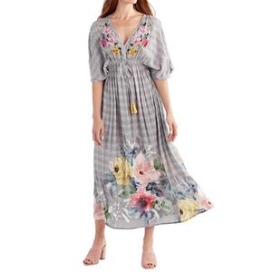 Cost Plus World Market Grey Floral Embroidered Maxi Dress
